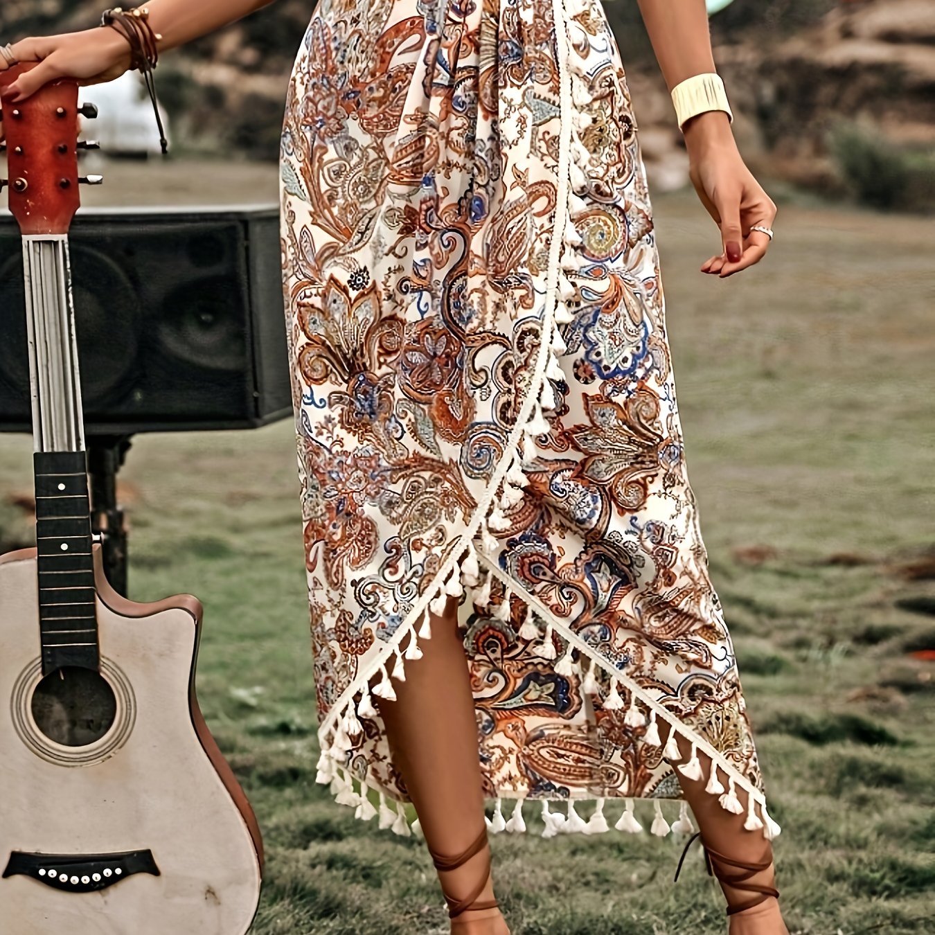 Damen Boho-Wickelrock mit Paisley-Muster und Quasten, Midi, Vintage-Stil, Elegant für Freizeit und Urlaub