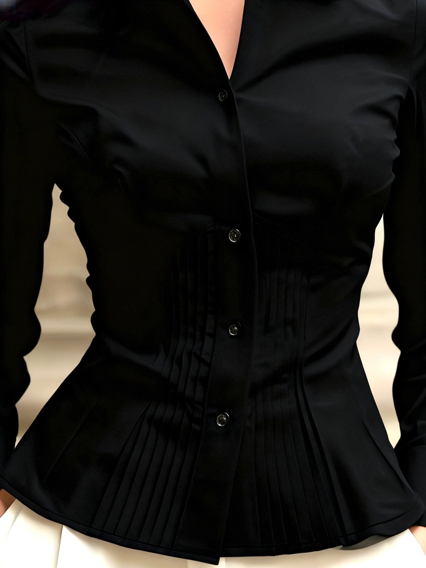 Damen Hemdbluse Tailliert mit Falten Knopfleiste Langarm