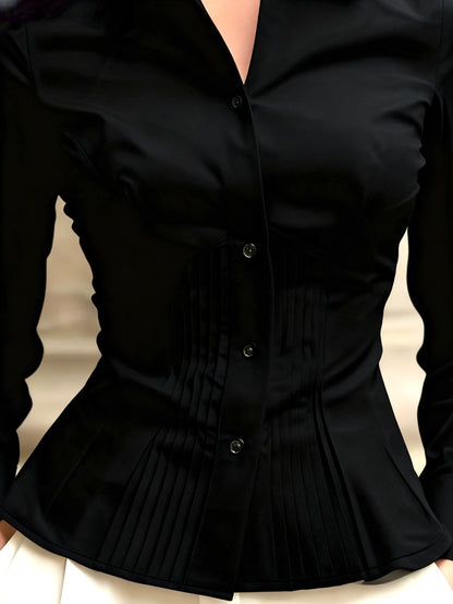 Damen Hemdbluse Tailliert mit Falten Knopfleiste Langarm