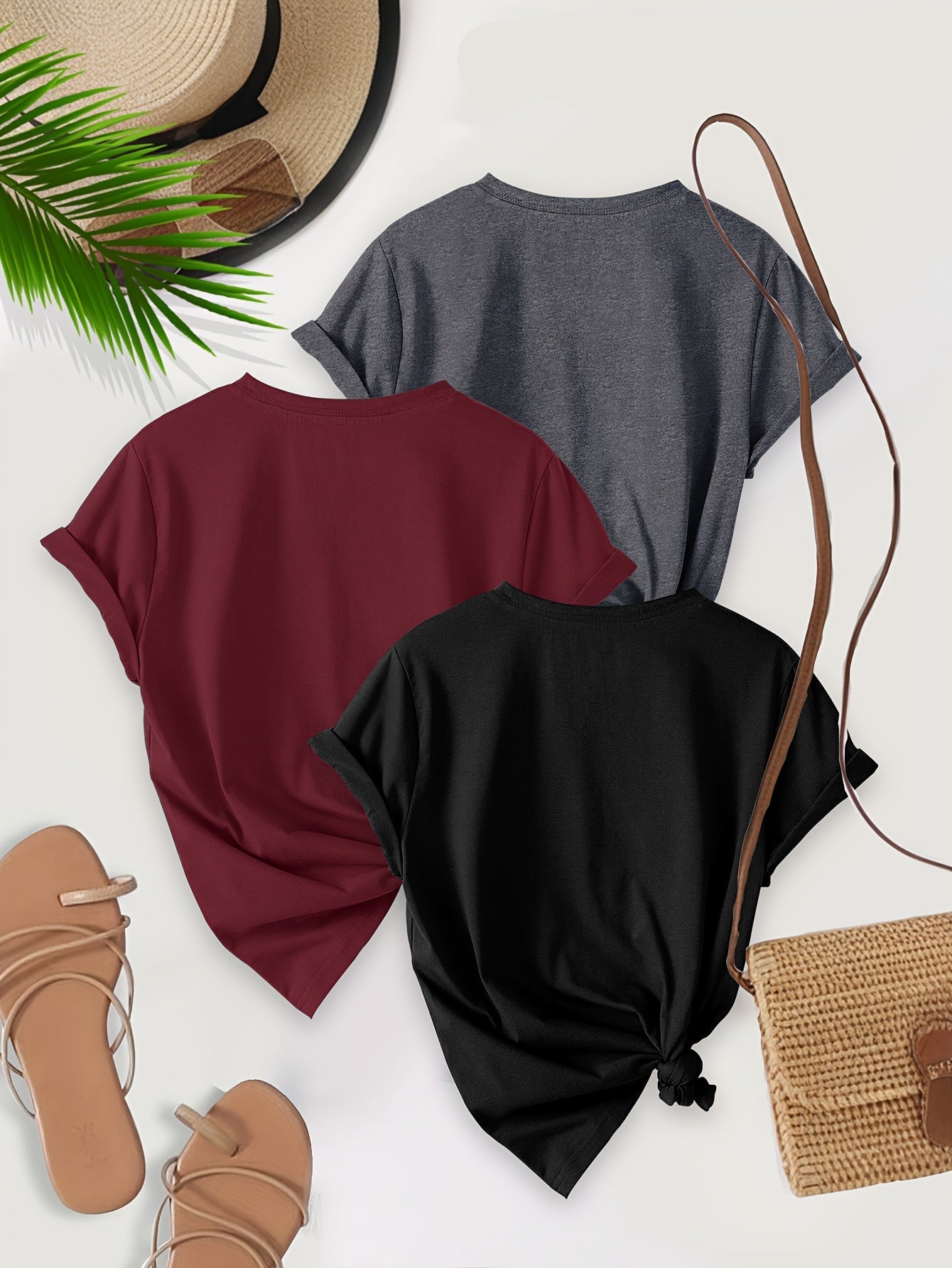 Damen Basic T-Shirt Set mit Knoten-Detail und Umschlagärmeln – Lässiger Alltagsstil, 3er-Pack