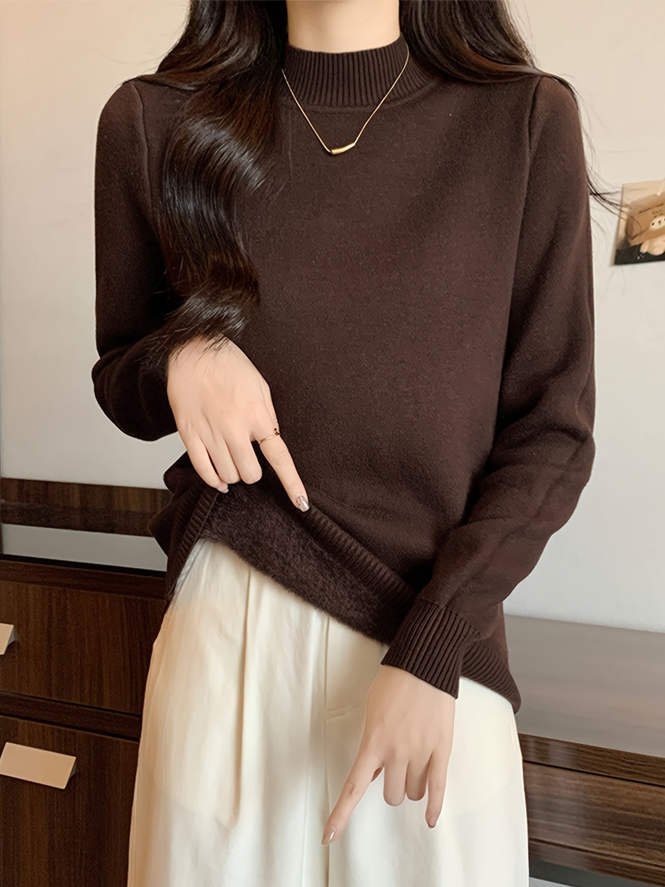 Damen Rollkragen Pullover mit Fleece-Futter – Langarm Basic Shirt Warm