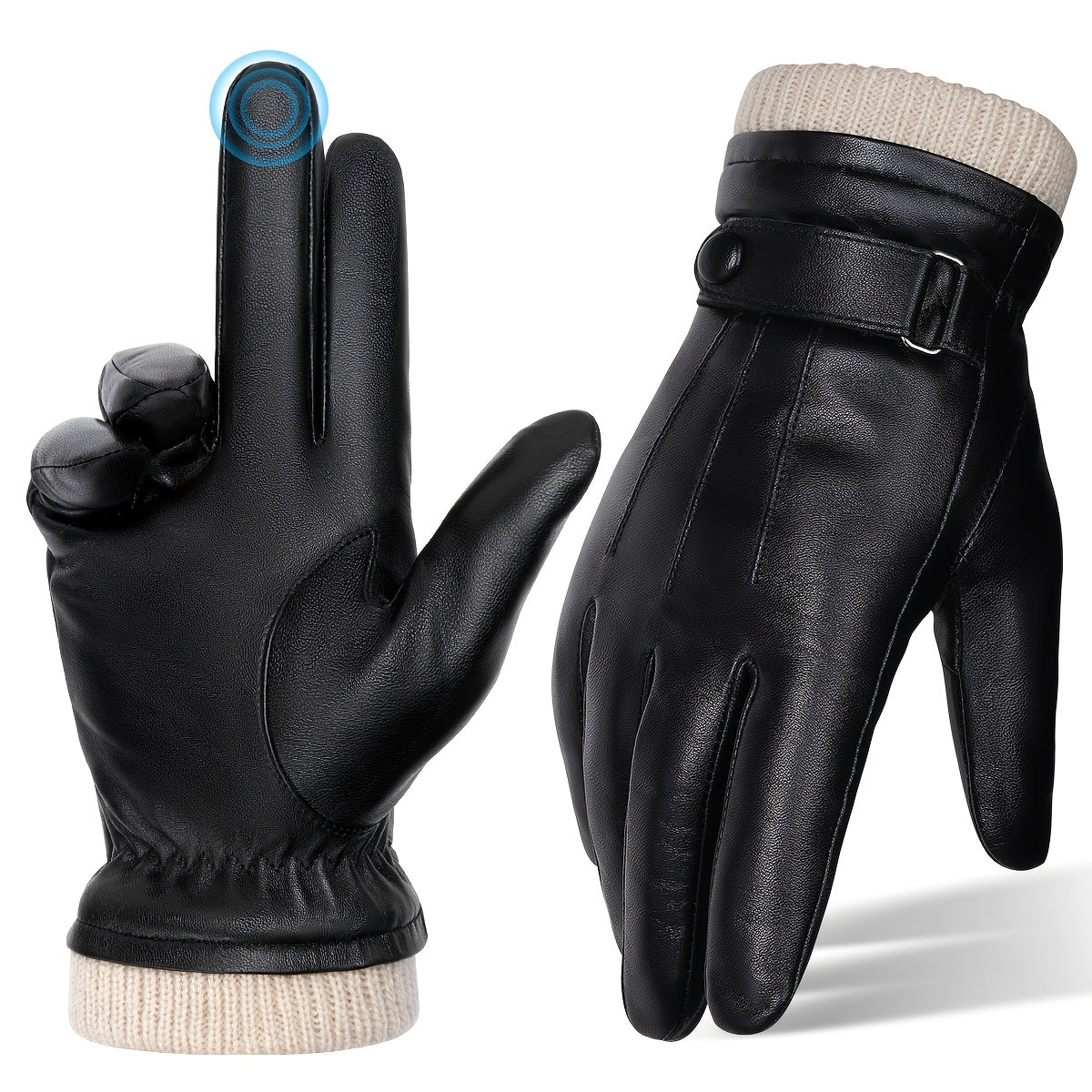 Unisex Winterhandschuhe Schwarz mit Strickbündchen, Thermofutter & Riemen-Detail