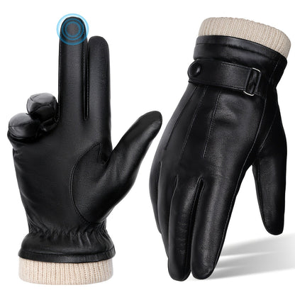 Unisex Winterhandschuhe Schwarz mit Strickbündchen, Thermofutter & Riemen-Detail