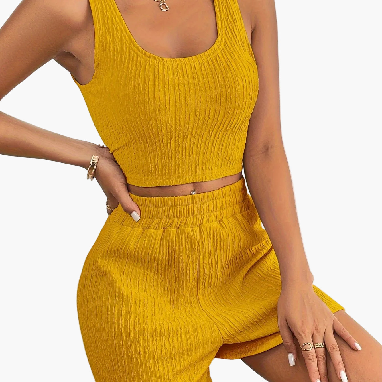 Damen Freizeit Zweiteiler Set – Geripptes Crop Top und Shorts, Lässig & Modern