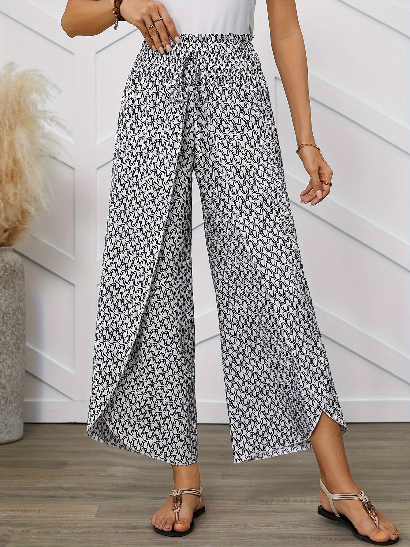 Damen Weite Bein Hose mit geometrischem Muster – Eleganter Sommer-Look für Freizeit und Alltag