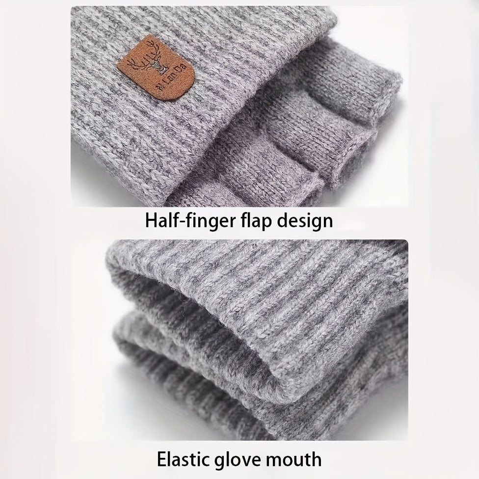 Unisex Strick Fäustlinge mit Klappe, Fingerlos, Konvertierbar, Winterhandschuhe