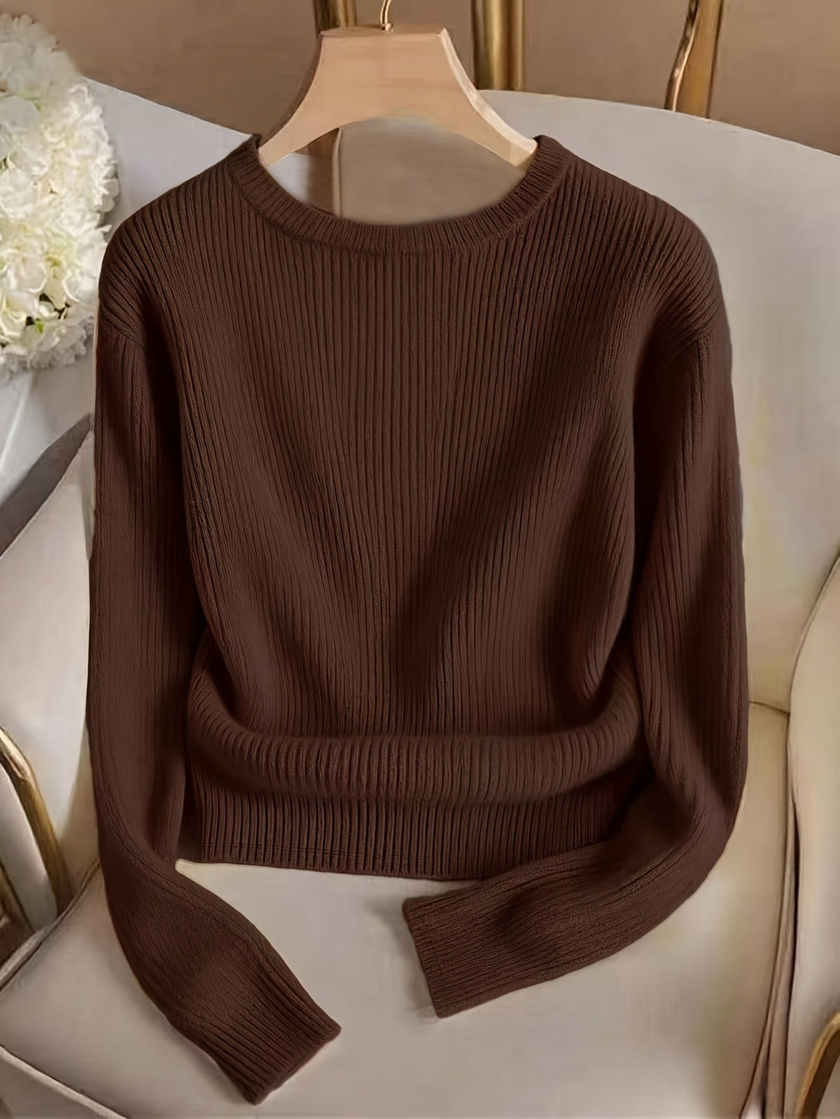 Damen Gerippter Strickpullover Rundhals mit Knöpfen Ärmel Braun