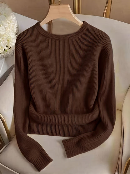 Damen Gerippter Strickpullover Rundhals mit Knöpfen Ärmel Braun