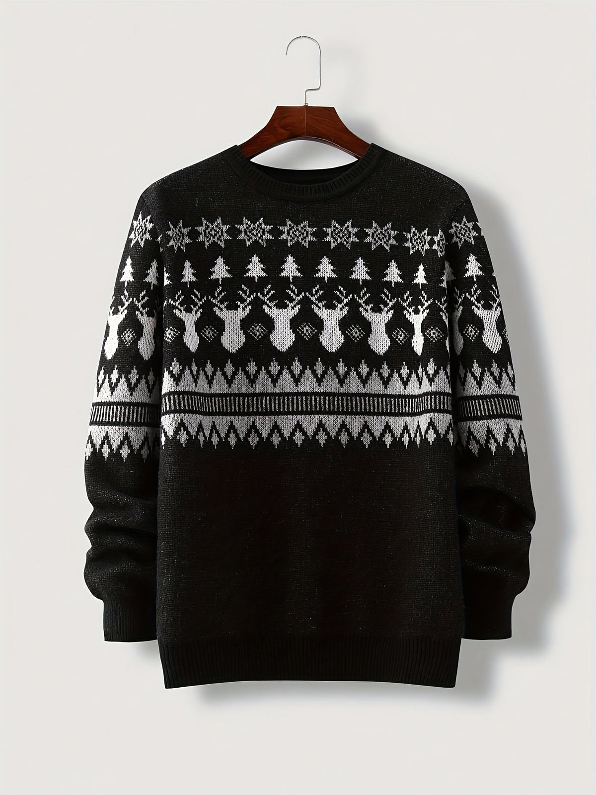 Unisex Winterpullover Rundhals mit Jacquard Rentier- & Schneeflockenmuster