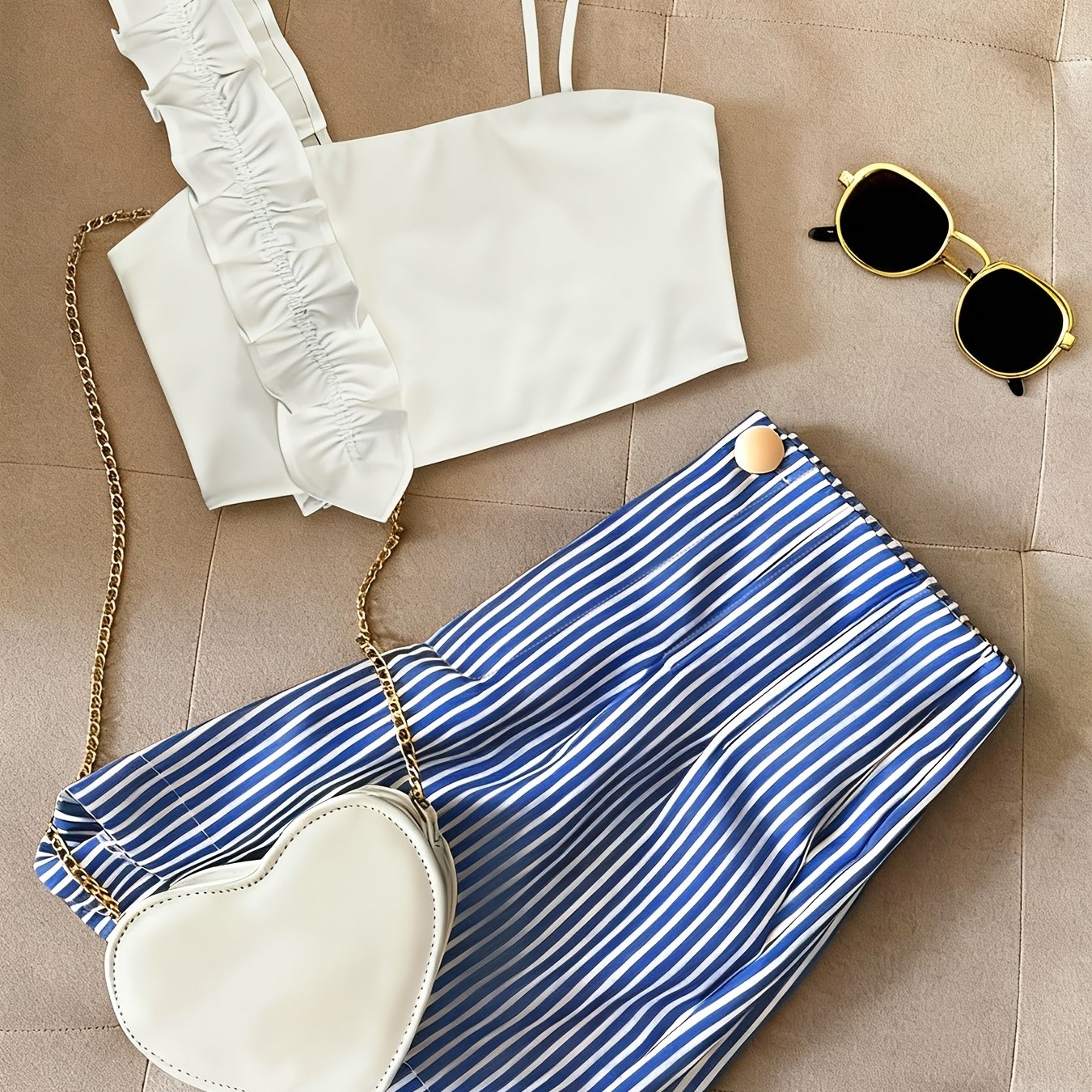Damen Zweiteiler Set – Modisches Rüschen-Bustier & Gestreifte High-Waist Shorts, Stilvolles Outfit für Alltag & Freizeit