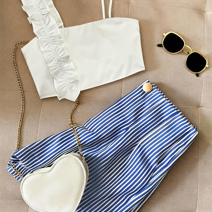 Damen Zweiteiler Set – Modisches Rüschen-Bustier & Gestreifte High-Waist Shorts, Stilvolles Outfit für Alltag & Freizeit