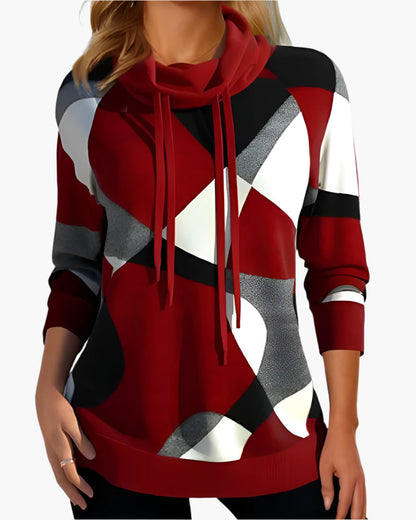 Damen Pullover Modernes Geometrisches Muster Freizeit Sweatshirt mit Kordelzugkragen