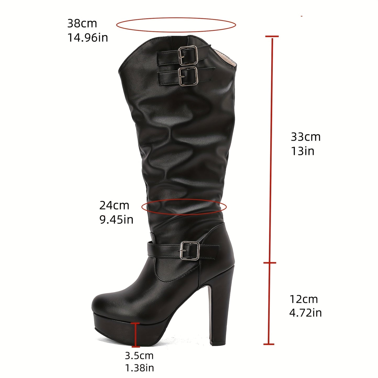 Damen Stiefel Hoch Blockabsatz Plateau Falten Schnallen Weiß/Schwarz