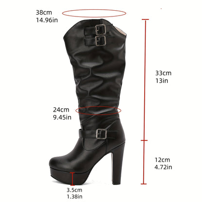 Damen Stiefel Hoch Blockabsatz Plateau Falten Schnallen Weiß/Schwarz