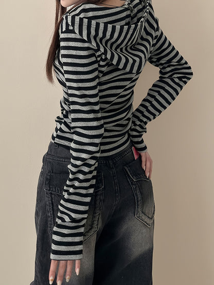 Damen Langarmshirt gestreift mit V-Ausschnitt und Knopfleiste