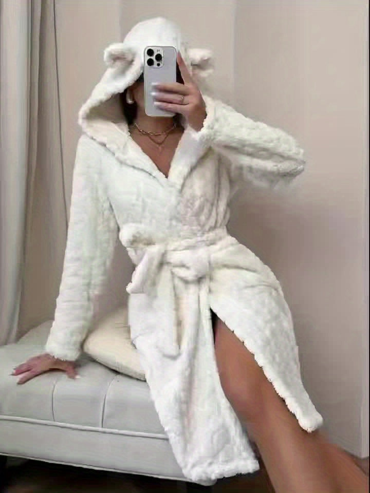 Damen Bademantel Flauschig mit Kapuze & Ohren Bindegürtel Langarm