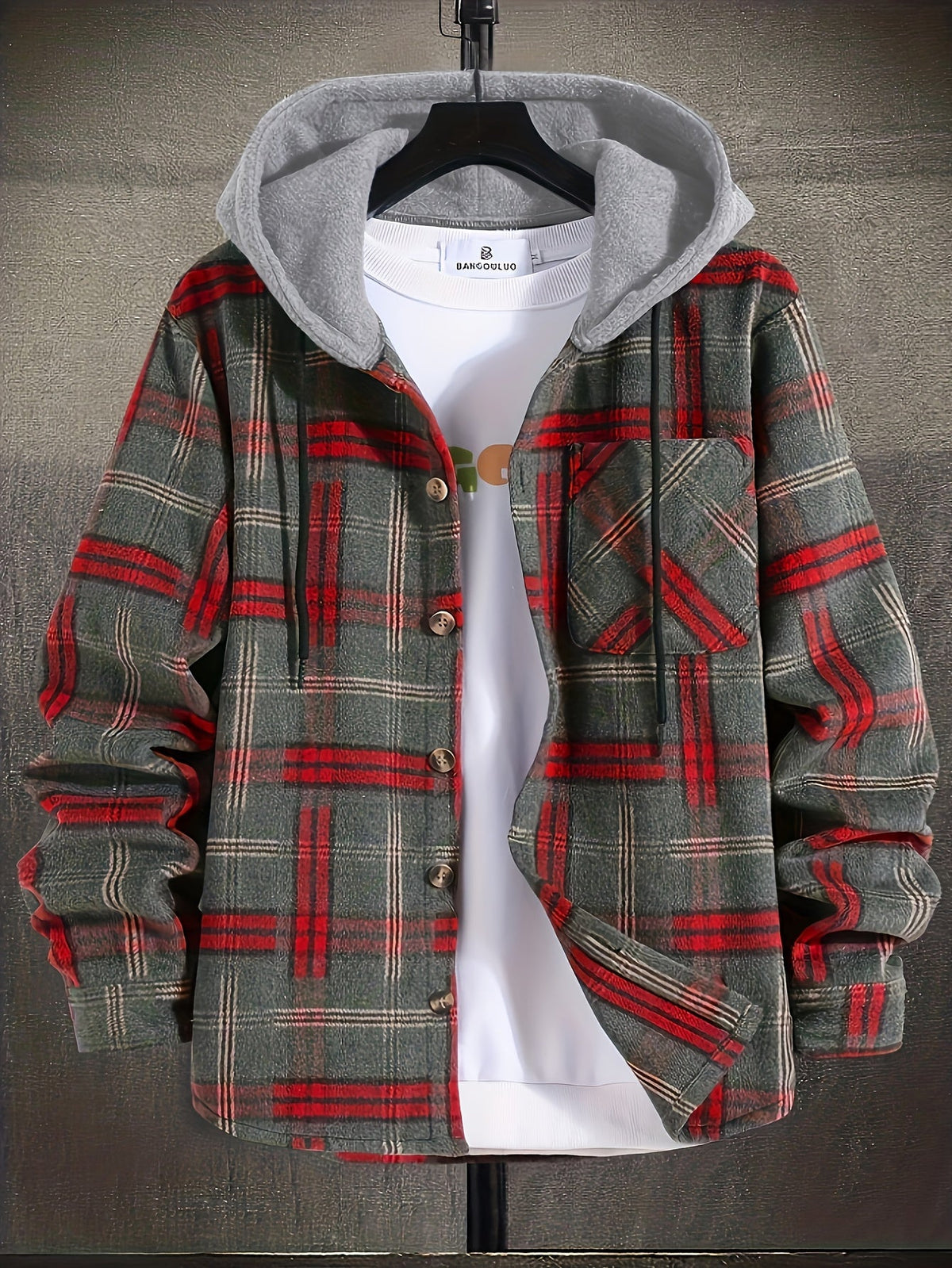 Kariertes Langarm Hemdjacke mit Kapuze und Knopfleiste