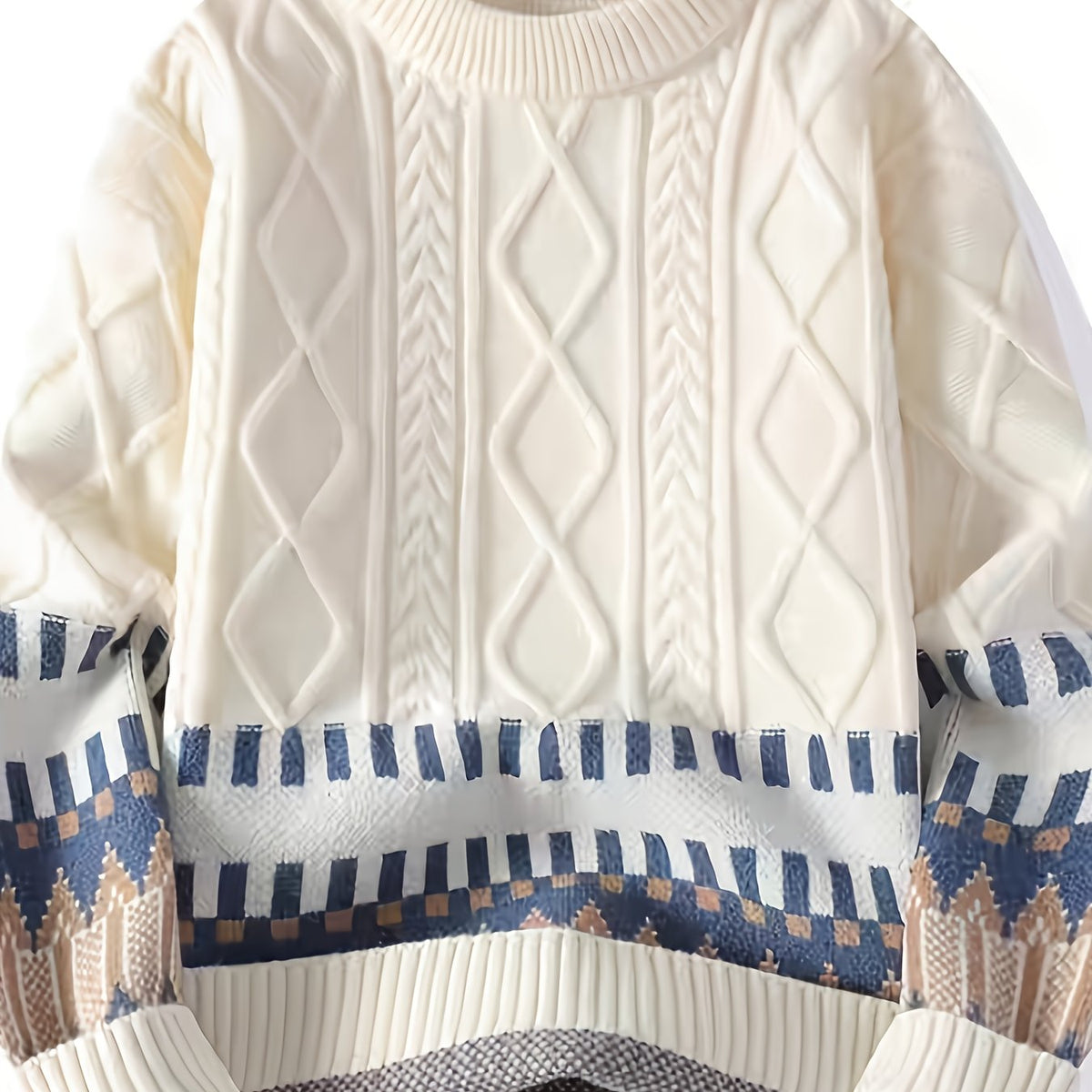 Cremefarbener Grobstrick Pullover mit Rundhalsausschnitt und gemustertem Saum