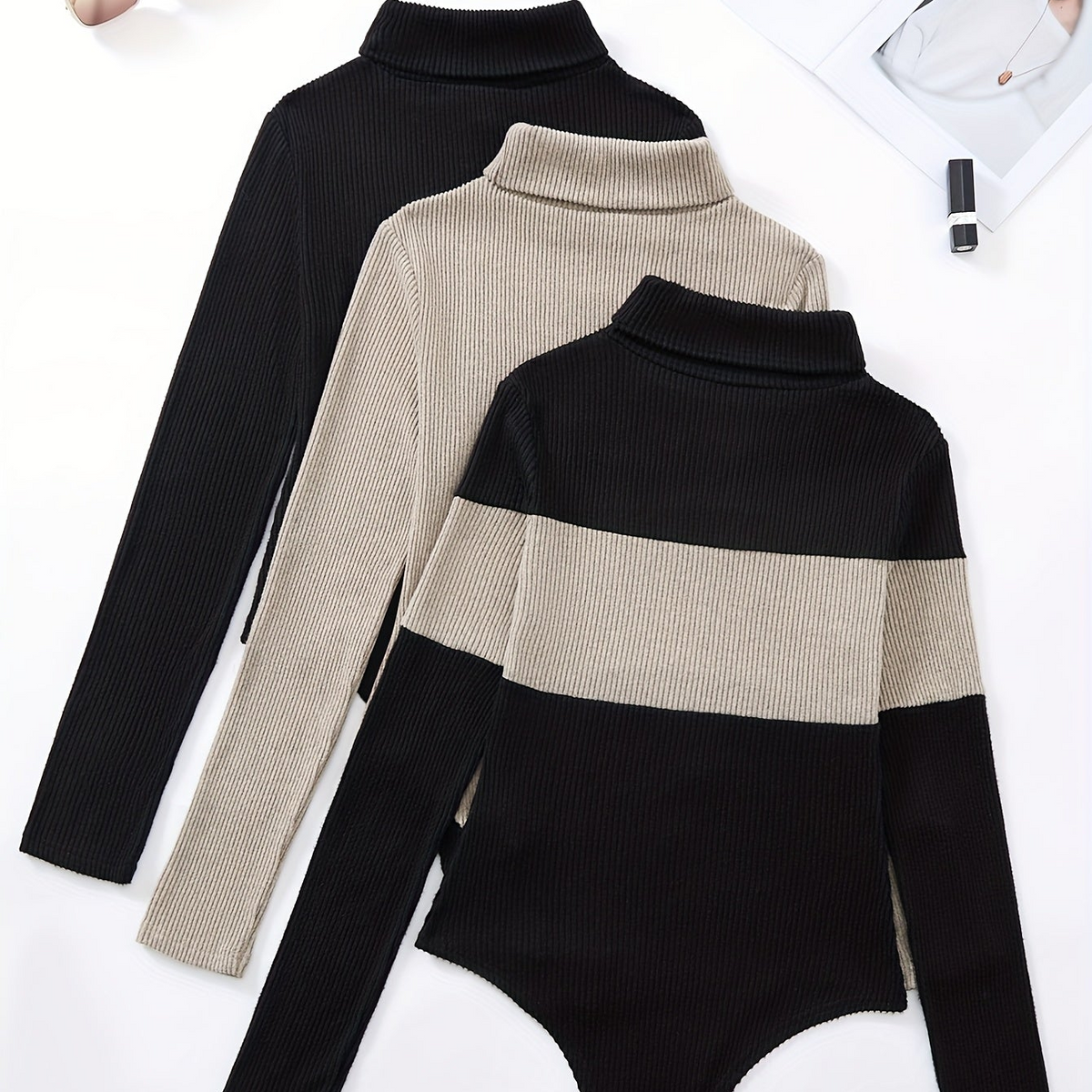 Damen Rollkragen-Body Langarm Gerippt Schwarz Beige gestreift