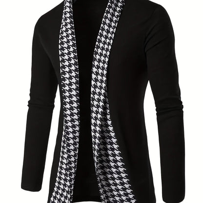 Herren Cardigan mit Hahnentrittmuster Revers Offene Vorderseite Schwarz
