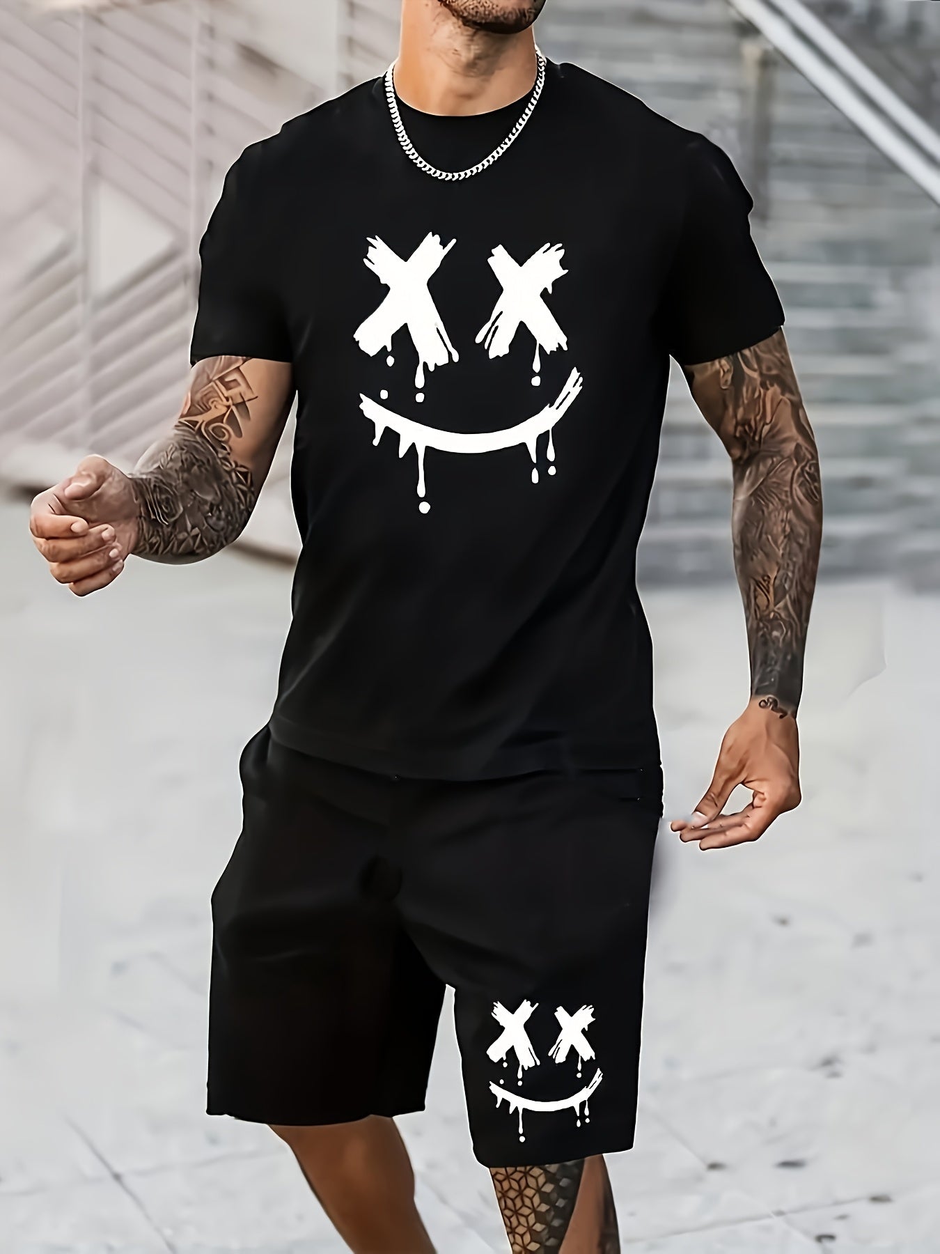 Herren Streetwear Set – T-Shirt und Shorts mit Smiley-Print für Freizeit und Sport