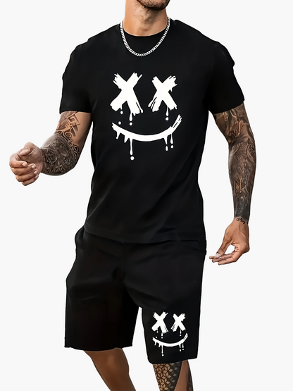 Herren Streetwear Set – T-Shirt und Shorts mit Smiley-Print für Freizeit und Sport