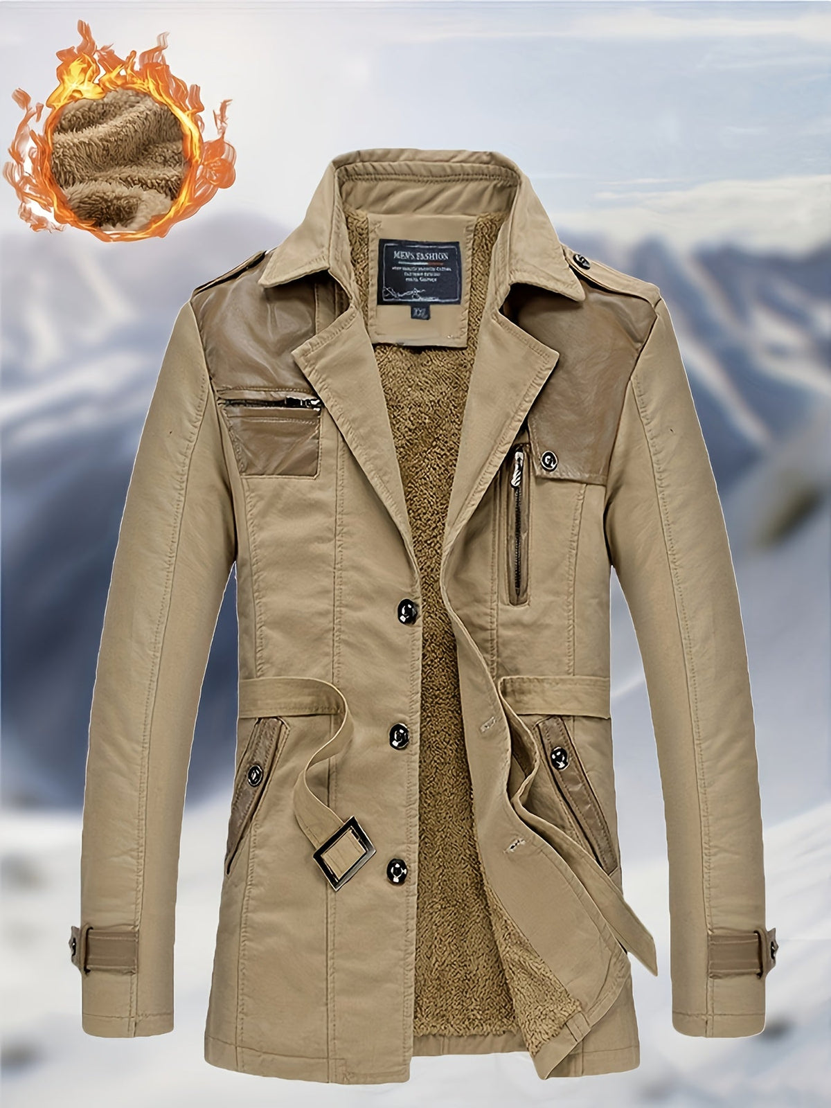 Herren Winterjacke mit Fellimitat-Futter, Knopfleiste und Gürtel in Olivgrün