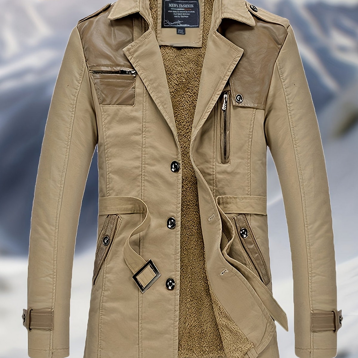 Herren Winterjacke mit Fellimitat-Futter, Knopfleiste und Gürtel in Olivgrün