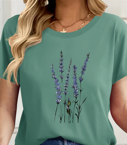 Damen T-Shirt mit Lavendel-Blumenprint – Künstlerisches Freizeitshirt für Alltag und besondere Anlässe
