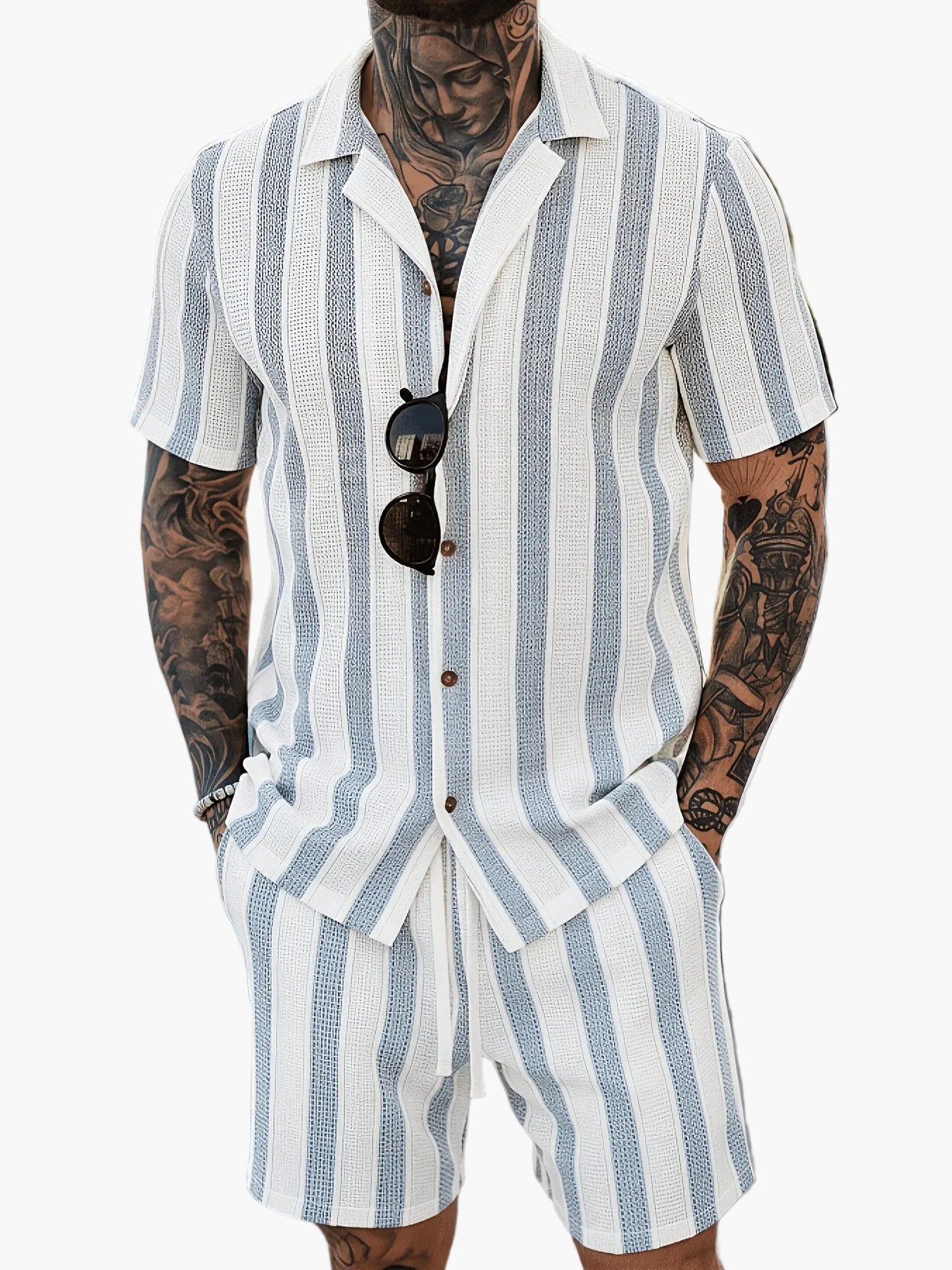 Herren Set Kurzarmhemd und Shorts im lässigen Streifen-Design für Sommer und Freizeit