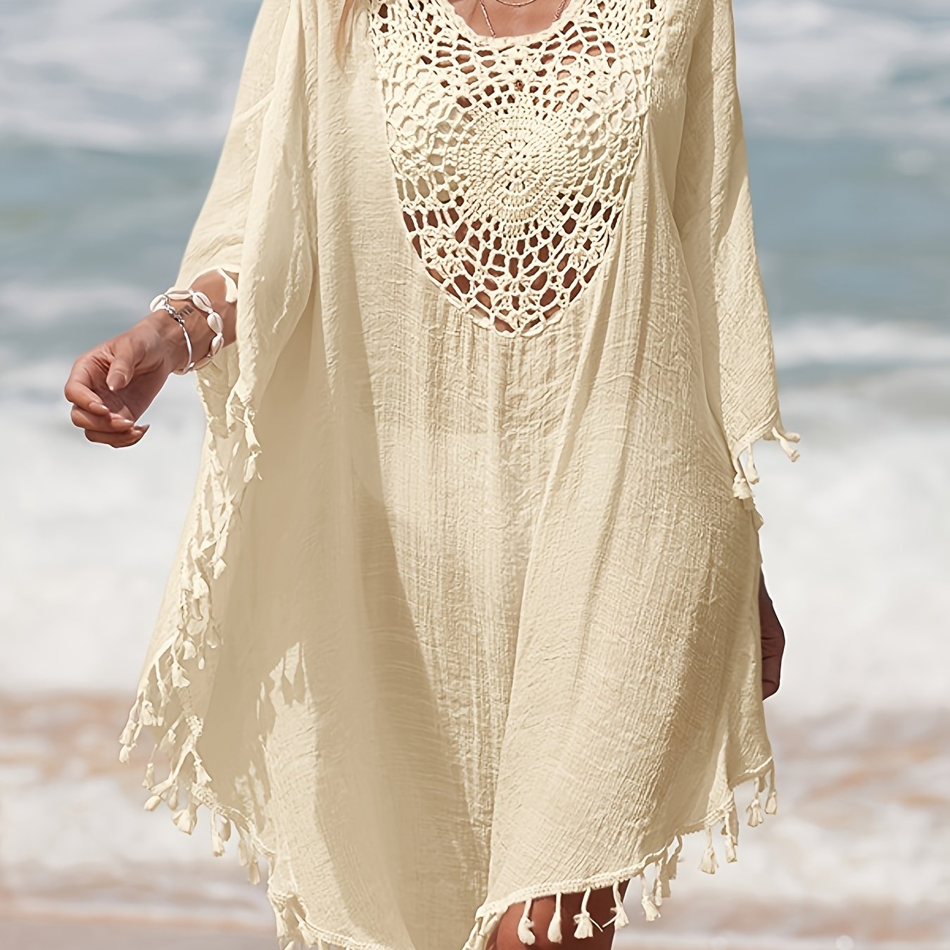 Damen Strand Kaftan Poncho mit Häkel-Details und Fransen – Eleganter Badeüberwurf