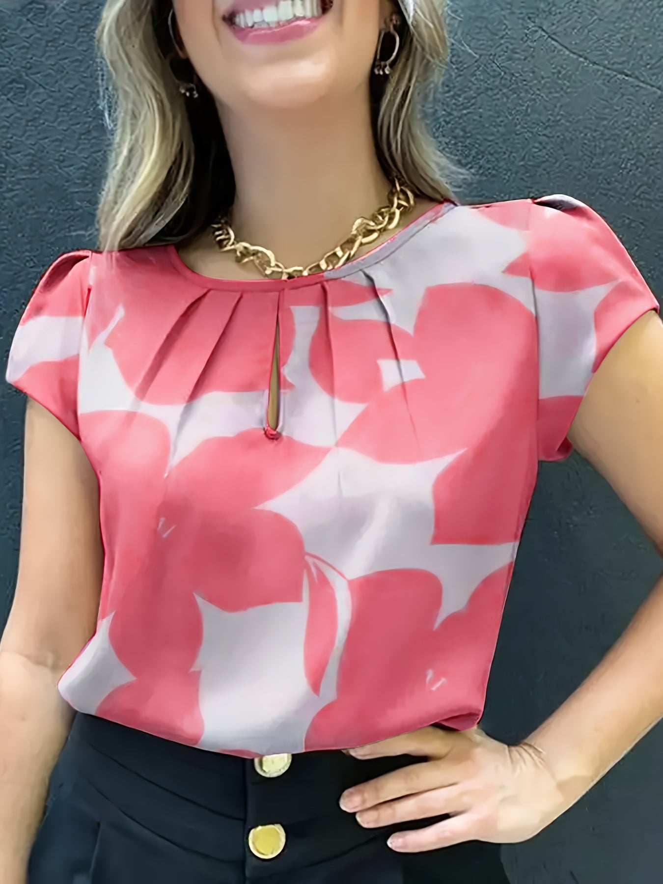 Damen Bluse mit modernem Print, Kurzarm, eleganter Büro- und Freizeitstil