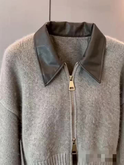 Damen Strickjacke kurz mit Kragen Reißverschluss Beige