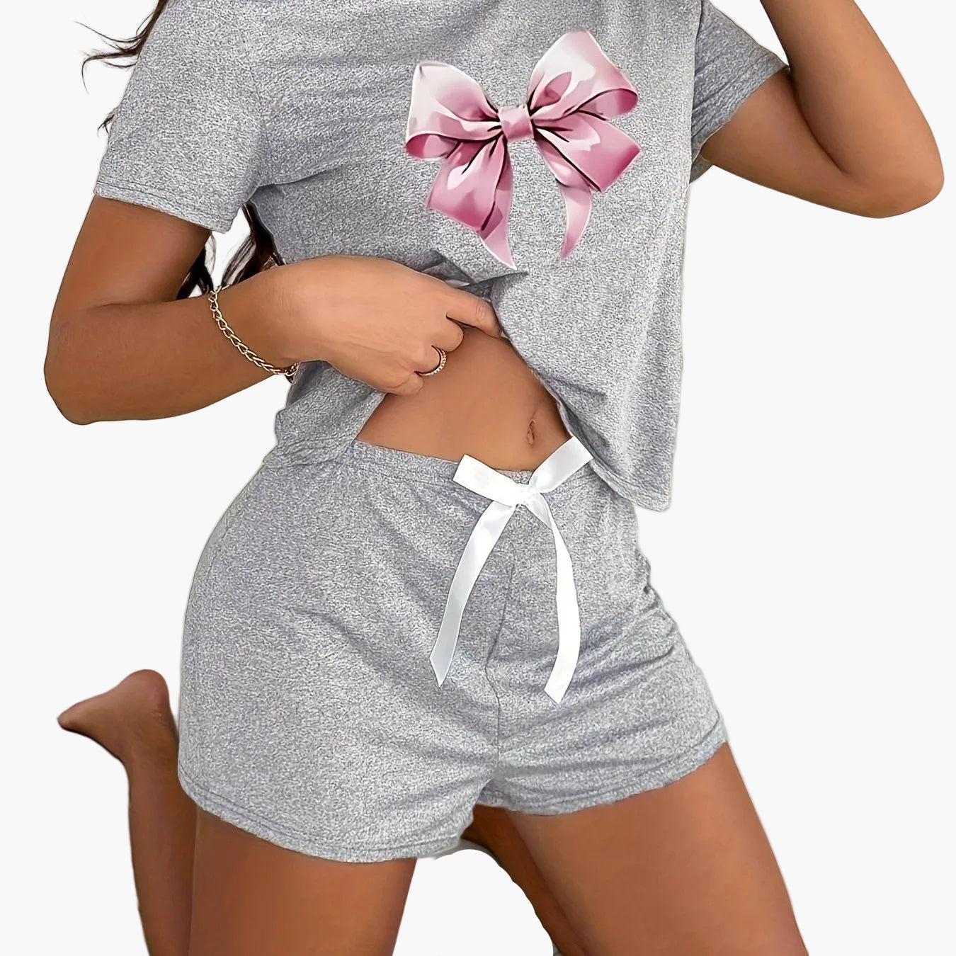 Damen Pyjama Set mit Schleifen-Print – Kurzarm Shirt & Shorts, Modernes Lounge- & Schlafanzug-Design
