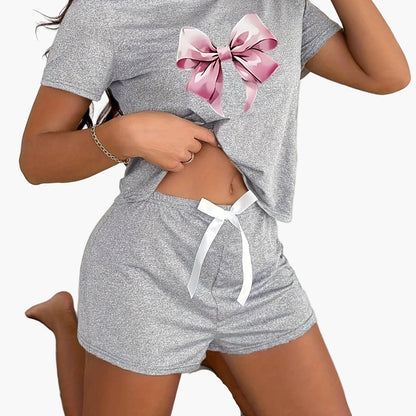 Damen Pyjama Set mit Schleifen-Print – Kurzarm Shirt & Shorts, Modernes Lounge- & Schlafanzug-Design