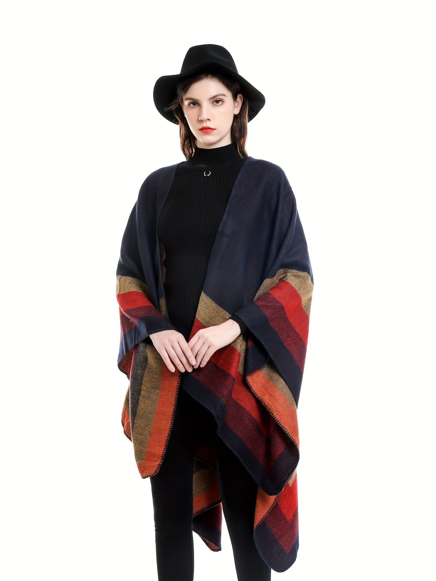 Damen Poncho mit Blockstreifen Wendbar