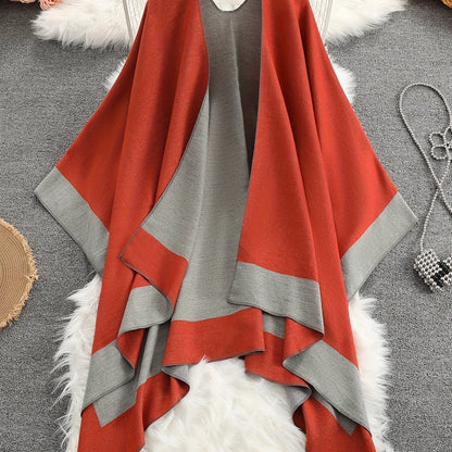 Damen Poncho Cape mit offenem Schnitt und geometrischem Muster – Boho Stil für Freizeit und Alltag