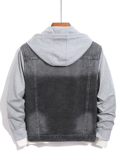 Herren Jeansjacke mit Kapuze Denim und Sweatstoff Ärmel Grau