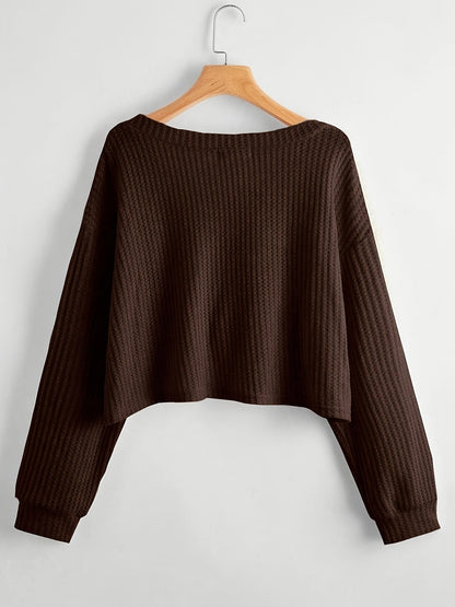 Damen Crop Pullover V-Ausschnitt Langarm Waffelstruktur Schwarz