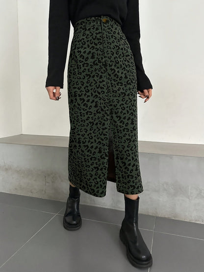 Damen Midi Rock mit Leopardenmuster und Schlitz, Rippstruktur