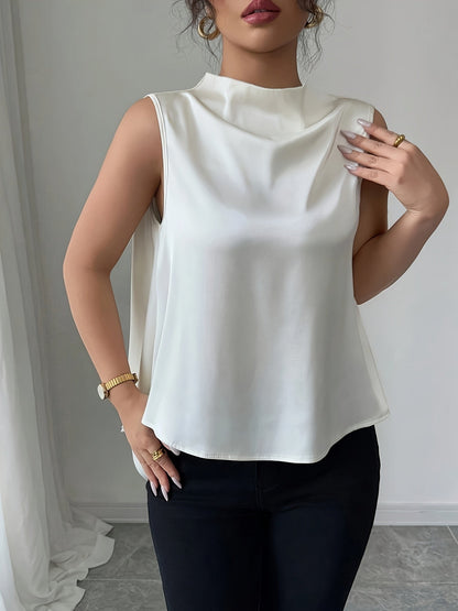 Damen Elegante Ärmellose Bluse mit Stehkragen und Falten-Design – Perfekt für Büro und festliche Anlässe