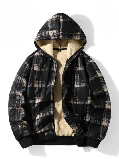 Karierte Herren Kapuzenjacke gefüttert mit Fleece