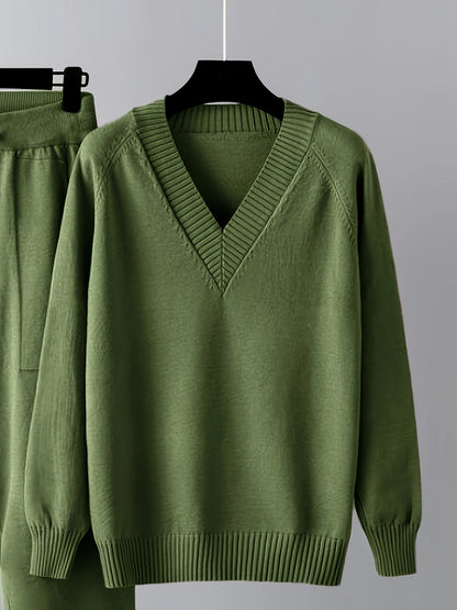 Damen Loungewear Set Strickpullover V-Ausschnitt und Strickhose Jogger mit Tunnelzug