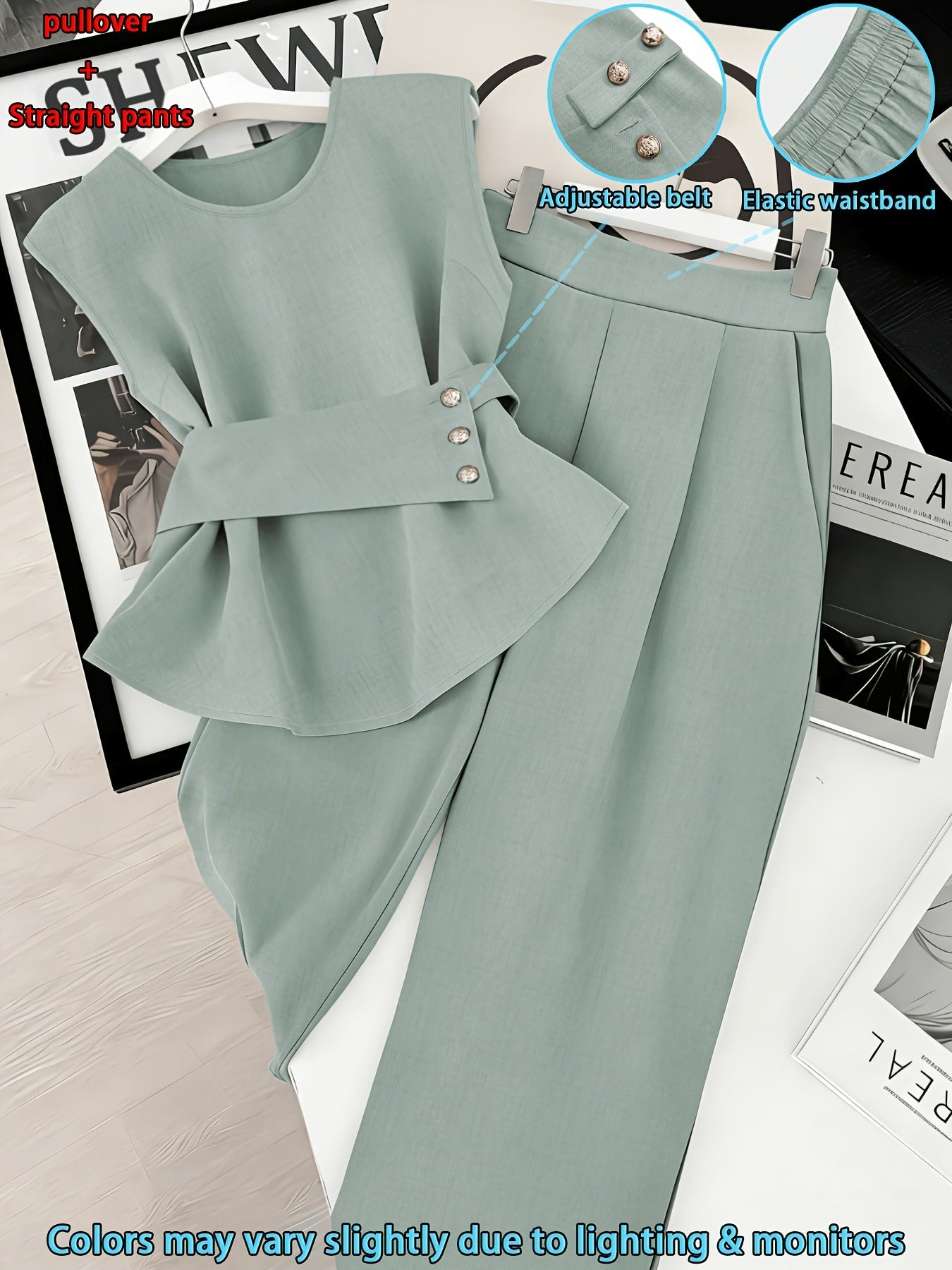 Damen Zweiteiler Set Elegant – Ärmelloses Oberteil mit Gürtel & Gerade Hose, Business & Alltag