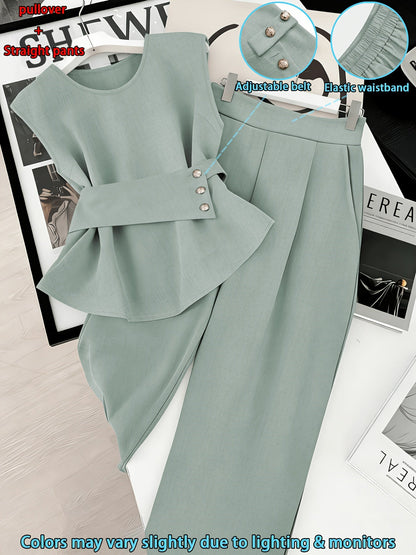 Damen Zweiteiler Set Elegant – Ärmelloses Oberteil mit Gürtel & Gerade Hose, Business & Alltag