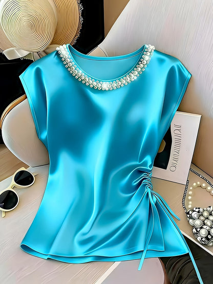 Damen Elegante Bluse mit Perlenkragen und Raffungsdetail – Stilvolles Kurzarm-Oberteil für festliche Anlässe oder Büro