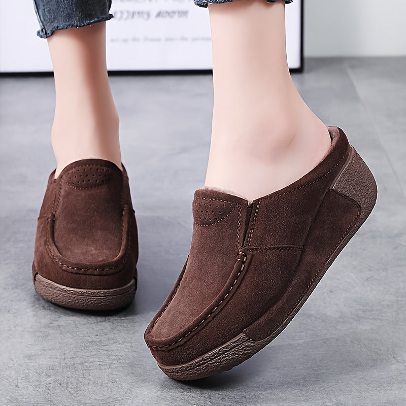 Damen Slipper warm gefüttert Mokassin Optik Braun