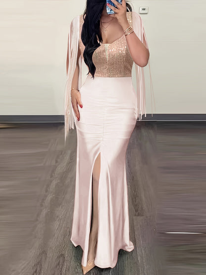 Damen Elegantes Abendkleid mit Fransen und Schlitz – Perfekt für festliche Anlässe