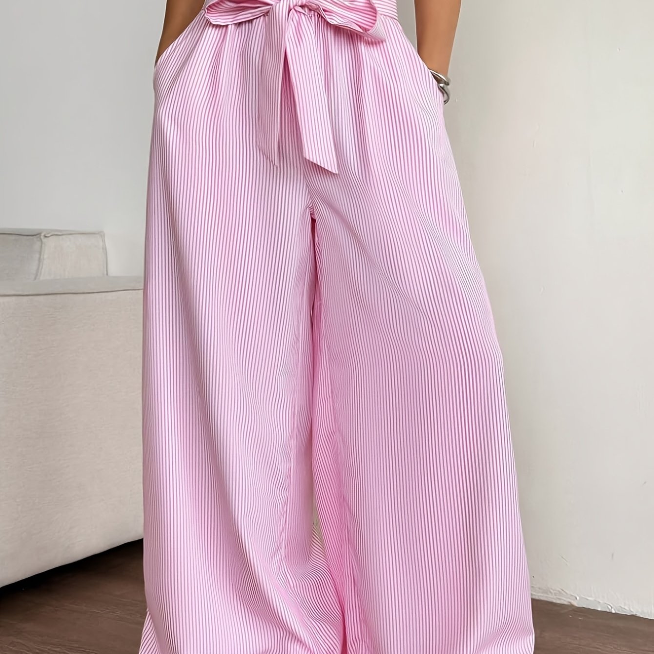 Damen Weite High-Waist Hose mit Schleifenband und Streifen – Elegante Relaxed Fit Freizeithose