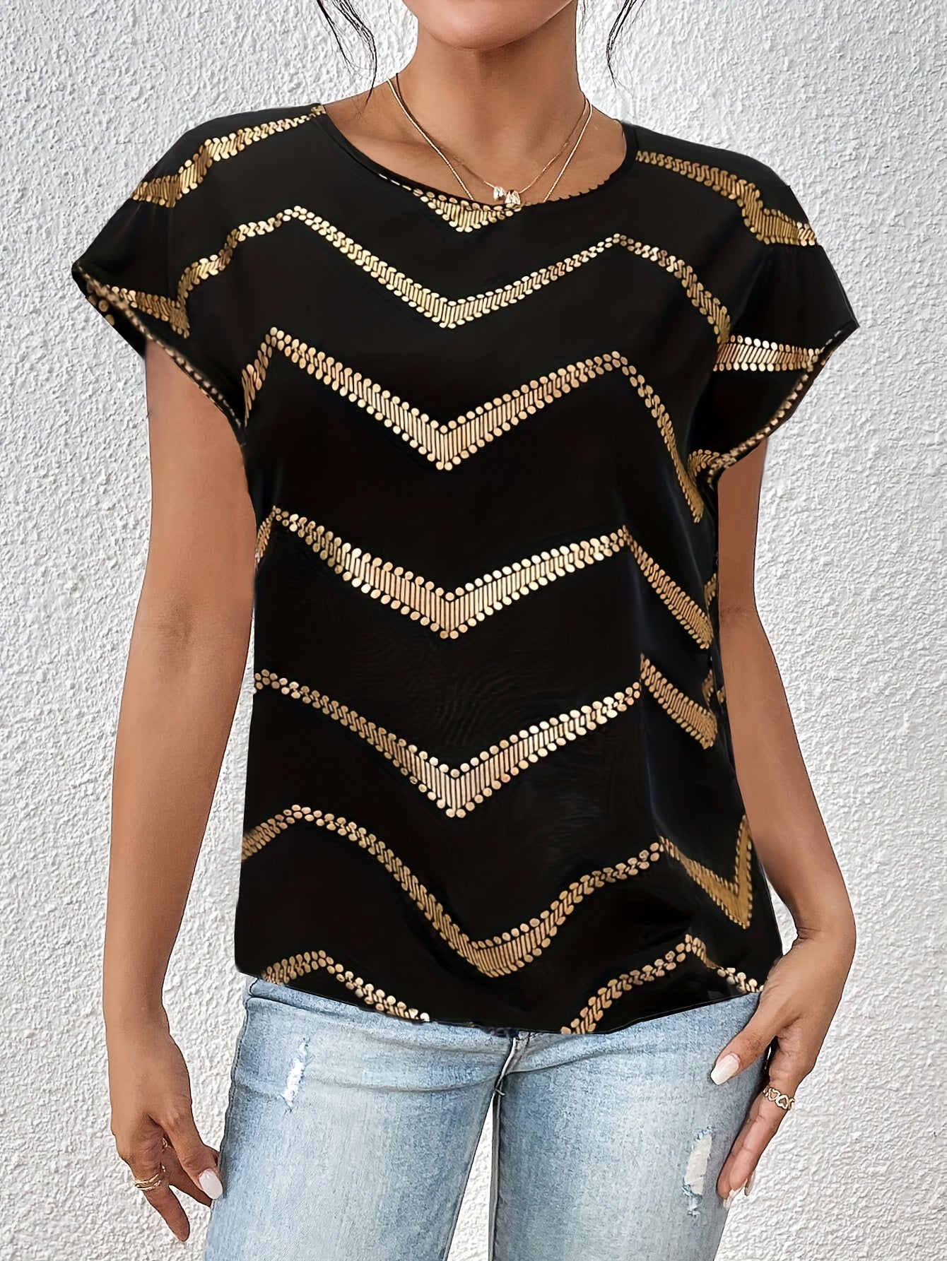 Damen Elegantes Party Shirt mit Glänzendem Zickzack-Muster – Stilvolles Kurzarm Top für Freizeit und Ausgehen